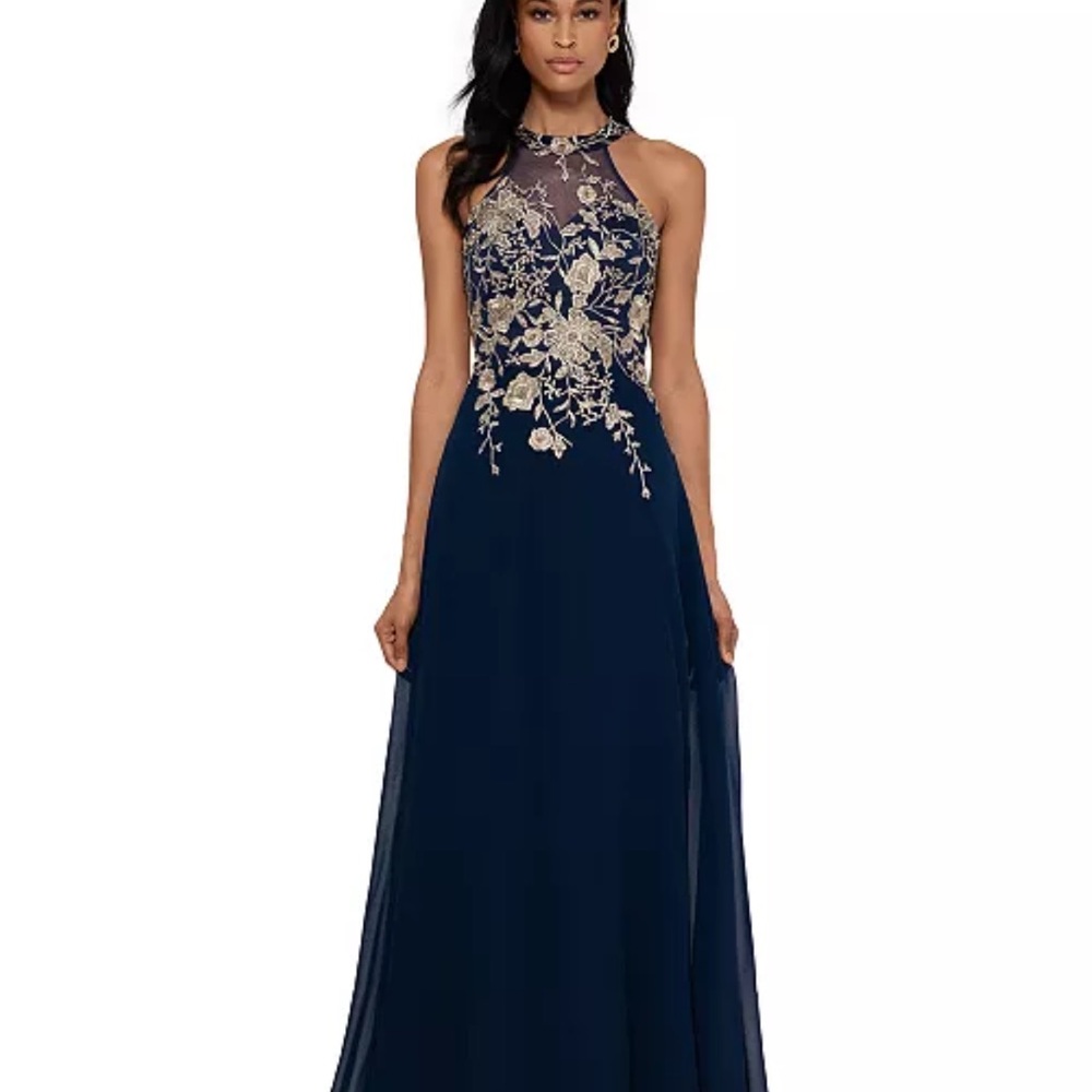 Betsy & Adam Silver and Gold Embellished Halter Gown  navy blue as picture